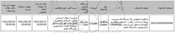 مناقصه، مناقصه عمومی یک مرحله ای مدیریت نیروی انسانی، مالی، خدماتی،تعمیر و نگهداری و امور تأسیساتی خوابگاههای دانشجویی دانشگاه ملایر