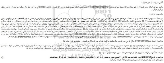 مزایده فروش نیم دانگ مشاع از سه دانگ مشاع از ششدانگ عرصه و اعیان واحد خدماتیِ مورد ارزیابی با پلاک ثبتی به شماره 63 فرعی از 140 اصلی مفروز و مجزی از 52 فرعی از اصلی  