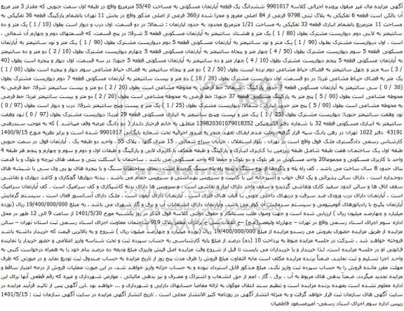 آگهی مزایده ششدانگ یک قطعه آپارتمان مسکونی به مساحت 55/40 مترمربع