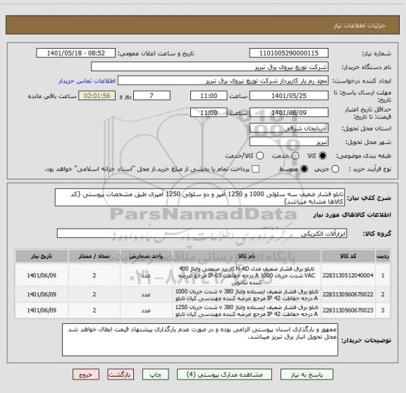 استعلام تابلو فشار ضعیف سه سلولی 1000 و 1250 آمپر و دو سلولی 1250 آمپری طبق مشخصات پیوستی {کد کالاها مشابه میباشد}