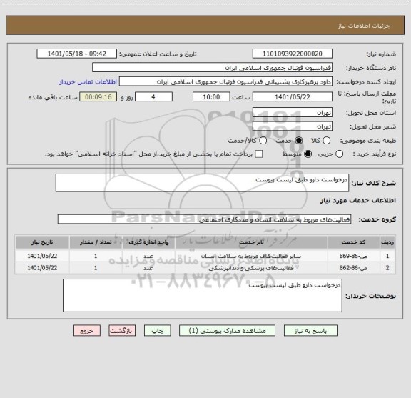 استعلام درخواست دارو طبق لیست پیوست