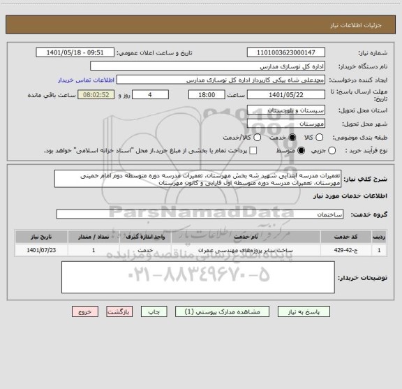 استعلام تعمیرات مدرسه ابتدایی شهید شه بخش مهرستان، تعمیرات مدرسه دوره متوسطه دوم امام خمینی مهرستان، تعمیرات مدرسه دوره متوسطه اول فارابی و کانون مهرستان