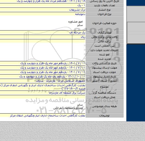 مناقصه, نظارت کارگاهی احداث ساختمان اداری انبار و نگهبانی انتقال مرکز ( مجوز هیئت مدیره ۱۴۰۰/۲-۱۲۷ )