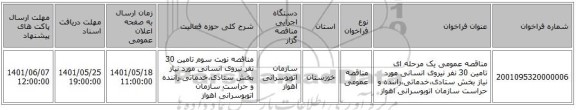 مناقصه، مناقصه عمومی یک مرحله ای تامین 30 نفر نیروی انسانی مورد نیاز بخش ستادی،خدماتی،راننده و حراست سازمان اتوبوسرانی اهواز