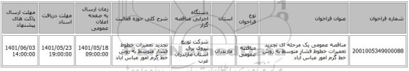 مناقصه، مناقصه عمومی یک مرحله ای تجدید تعمیرات خطوط فشار متوسط به روش خط گرم امور عباس آباد