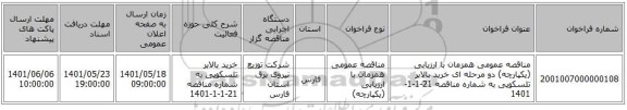 مناقصه، مناقصه عمومی همزمان با ارزیابی (یکپارچه) دو مرحله ای خرید بالابر تلسکوپی به شماره مناقصه 21-1-1-1401