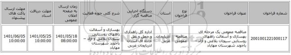 مناقصه، مناقصه عمومی یک مرحله ای بهسازی و آسفالت راههای روستایی سیچان بلاغی و آزاد – باجوند شهرستان مهاباد