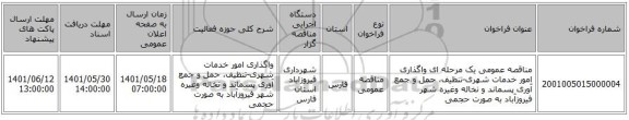 مناقصه، مناقصه عمومی یک مرحله ای واگذاری امور خدمات شهری-تنظیف، حمل و جمع آوری پسماند و نخاله وغیره شهر فیروزآباد به صورت حجمی