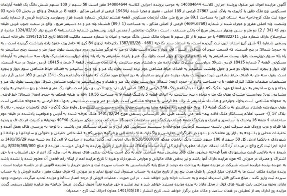آگهی مزایده  58 سهم از 100 سهم شش دانگ یک قطعه آپارتمان مسکونی نوع ملک طلق با کاربری به پلاک ثبتی 27867 فرعی از 169 اصلی