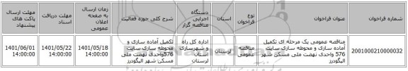 مناقصه، مناقصه عمومی یک مرحله ای تکمیل آماده سازی و محوطه سازی سایت 576 واحدی نهضت ملی مسکن  شهر الیگودرز