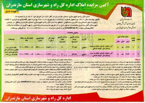 مزایده فروش دو قطعه زمین با کاربری مسکونی 120 مترمربع نوبت دوم 