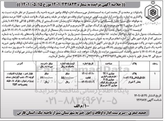 مزایده اجاره یک واحد آپارتمان بخش 4 مساحت 92.1 مترمربع