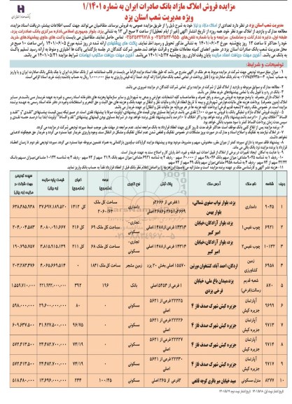 مزایده فروش املاک مازاد کاربری های دامداری و مسکونی، تجاری، زمین مشجر و بانک