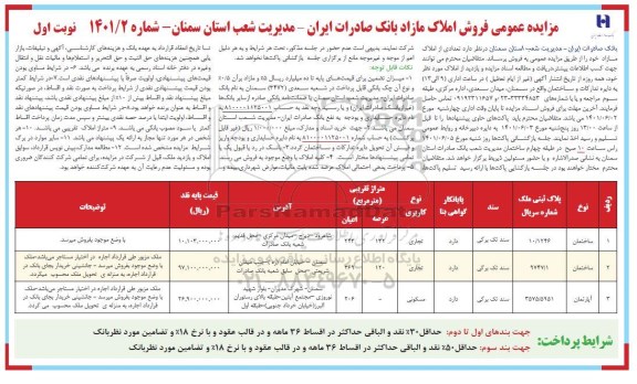 مزایده، مزایده عمومی فروش املاک مازاد بانک