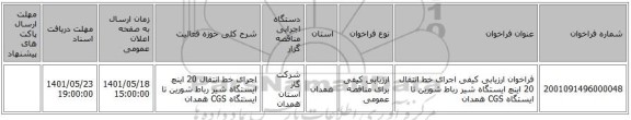 مناقصه، فراخوان ارزیابی کیفی اجرای خط انتقال 20 اینچ ایستگاه شیر رباط شورین تا ایستگاه CGS همدان