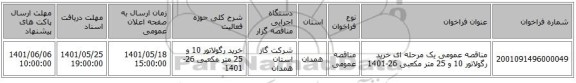 مناقصه، مناقصه عمومی یک مرحله ای خرید رگولاتور 10 و 25 متر مکعبی  26-1401