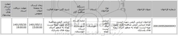 مناقصه، فراخوان ارزیابی کیفی جهت لیست کوتاه ارزیابی کیفی مناقصه گران جهت تهیه لیست کوتاه به منظور اجرای پروژه های پلسازی