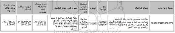 مناقصه، مناقصه عمومی یک مرحله ای تهیه مصالح، ساخت و نصب دیوار فلزی و آجری (ضلع غربی، شمالی و جنوبی) سازمان برنامه و بودجه کشور