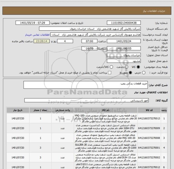 استعلام خرید قطعات یدکی پمپ