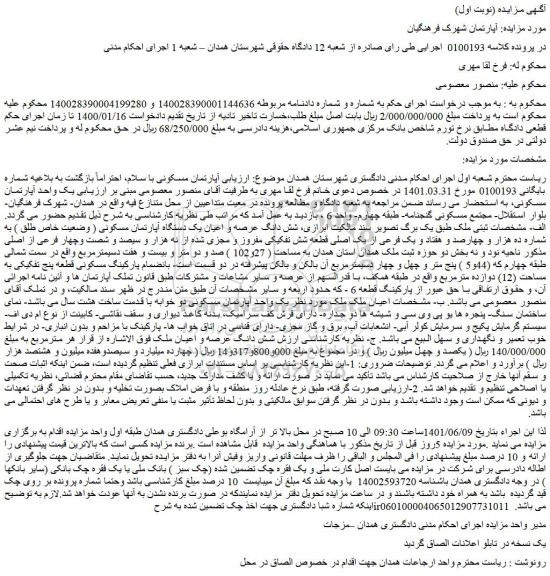 مزایده فروش آپارتمان مسکونی