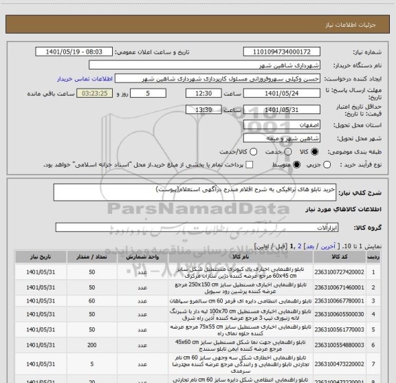 استعلام خرید تابلو های ترافیکی به شرح اقلام مندرج درآگهی استعلام(پیوست)