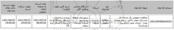 مناقصه، مناقصه عمومی یک مرحله ای بازسازی معابر خاکی سطح محله نوده - خیابان نجف (بازآفرینی - زودبازده)