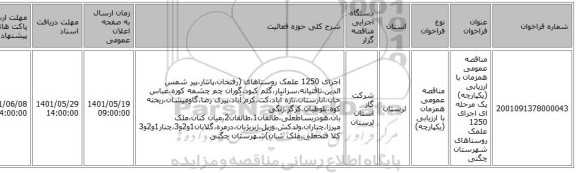 مناقصه، مناقصه عمومی همزمان با ارزیابی (یکپارچه) یک مرحله ای اجرای 1250 علمک روستاهای شهرستان چگنی