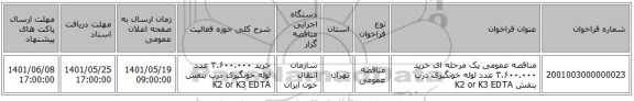 مناقصه، مناقصه عمومی یک مرحله ای خرید ۳.۶۰۰.۰۰۰ عدد لوله خونگیری درب بنفش K2 or K3 EDTA