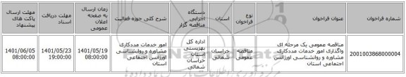 مناقصه، مناقصه عمومی یک مرحله ای واگذاری امور خدمات مددکاری مشاوره و روانشناسی اورژانس اجتماعی استان