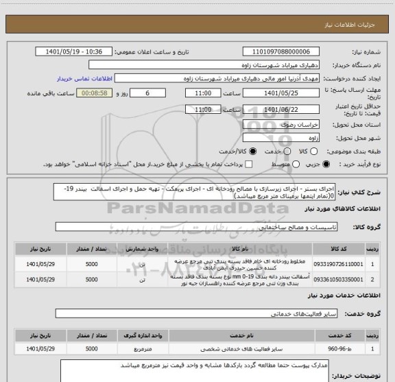 استعلام اجرای بستر - اجرای زیرسازی با مصالح رودخانه ای - اجرای پریمکت - تهیه حمل و اجرای اسفالت  بیندر 19-0(تمام ایتمها برمبنای متر مربع میباشد)