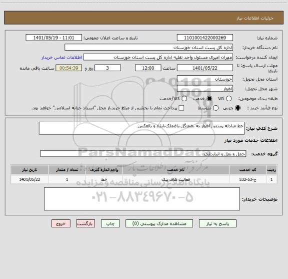 استعلام خط مبادله پستی اهواز به ،هفتگل،باغملک،ایذه و بالعکس