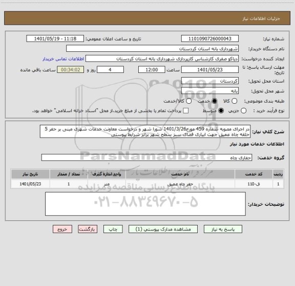 استعلام در اجرای مصوبه شماره 459 مورخ1401/3/26 شورا شهر و درخواست معاونت خدمات شهری مبنی بر حفر 5 حلقه چاه عمیق جهت ابیاری فضای سبز سطح شهر برابر شرایط پیوستی