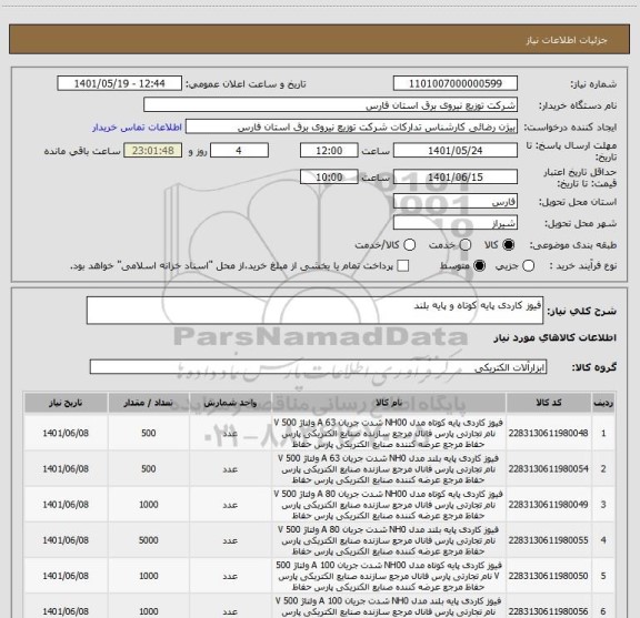 استعلام فیوز کاردی پایه کوتاه و پایه بلند