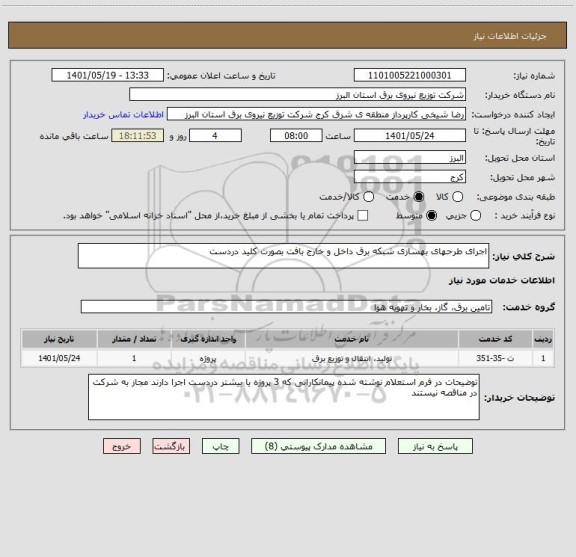 استعلام اجرای طرحهای بهسازی شبکه برق داخل و خارج بافت بصورت کلید دردست