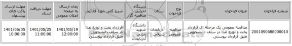 مناقصه، مناقصه عمومی یک مرحله ای قرارداد پخت و توزیع غذا در سلف دانشجویی طبق قرارداد پیوستی