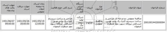 مناقصه، مناقصه عمومی دو مرحله ای طراحی و ساخت سیستم کنترل یک واحد توربین انبساطی نیروگاه شهید محمد منتظری اصفهان