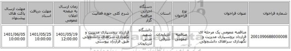 مناقصه، مناقصه عمومی یک مرحله ای  قرارداد برونسپاری مدیریت و نگهداری سراهای دانشجوئی