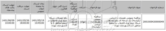 مناقصه، مناقصه عمومی همزمان با ارزیابی (یکپارچه) یک مرحله ای رفع انفصالات شبکه جمع آوری فاضلاب در سطح مناطق 2 و 5شهرداری تهران