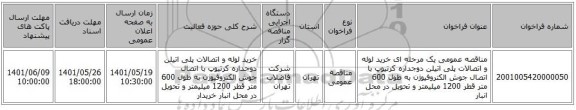 مناقصه، مناقصه عمومی یک مرحله ای خرید لوله و اتصالات پلی اتیلن دوجداره کرتیوپ با اتصال جوش الکتروفیوژن به طول 600 متر قطر 1200 میلیمتر و تحویل در محل انبار