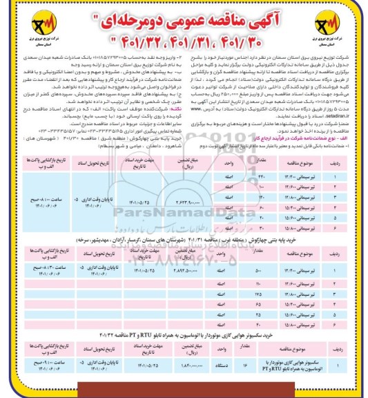 مناقصه خرید پایه بتنی چهارگوش منطقه و...