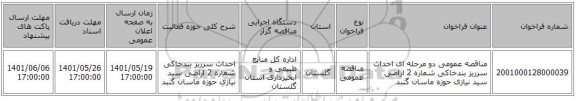 مناقصه، مناقصه عمومی دو مرحله ای احداث سرریز بندخاکی شماره 2 اراضی سید نیازی حوزه ماسان گنبد