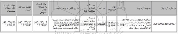مناقصه، مناقصه عمومی دو مرحله ای عملیات احداث سازه تثبیت لغزش جاده ده چناشت 25K-1 25K-2حوزه چهل چای