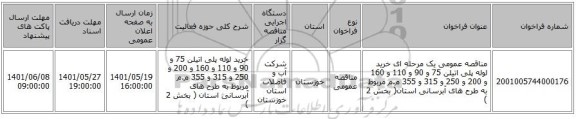 مناقصه، مناقصه عمومی یک مرحله ای خرید لوله پلی اتیلن 75 و 90 و 110 و 160 و 200 و 250 و 315 و 355 م.م مربوط به طرح های آبرسانی استان( بخش 2 )