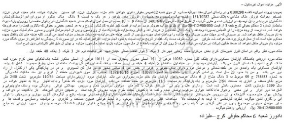 مزایده فروش یکدستگاه  آپارتمان  مسکونی دارای  پلاک  ثبتی  شماره  10282  فرعی  از  151  اصلی  مفروز  ومجزی  شده  از  10111  فرعی  از  اصلی  مذکور  قطعه  یک تفکیکی 
