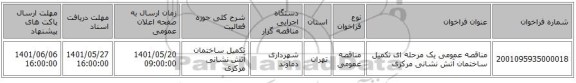 مناقصه، مناقصه عمومی یک مرحله ای تکمیل ساختمان آتش نشانی مرکزی