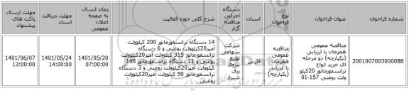 مناقصه، مناقصه عمومی همزمان با ارزیابی (یکپارچه) دو مرحله ای خرید انواع ترانسفورماتور 20کیلو ولت روغنی 157-01