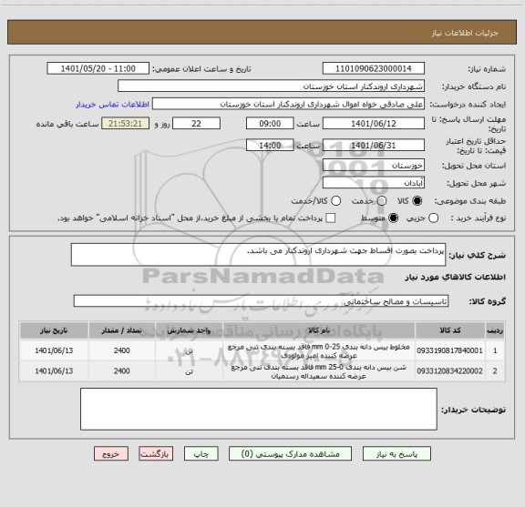 استعلام پرداخت بصورت اقساط جهت شهرداری اروندکنار می باشد.