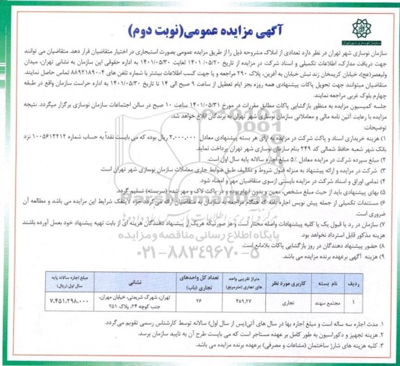 مزایده فروش تعدادی از املاک تجاری 489.27 مترمربع نوبت دوم 