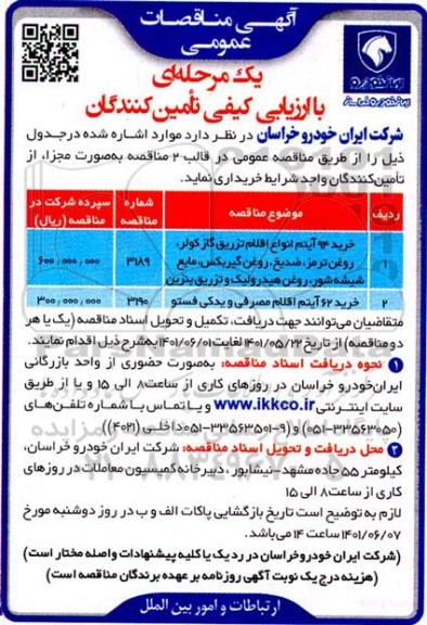 مناقصه خرید 94 آیتم انواع اقلام تزریق گاز کولر ، روغن ترمز ...