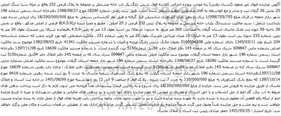 آگهی مزایده شش دانگ یک باب خانه مشتمل بر محوطه به پلاک فرعی 232 واقع در میله سرا سنگ اصلی 25 بخش